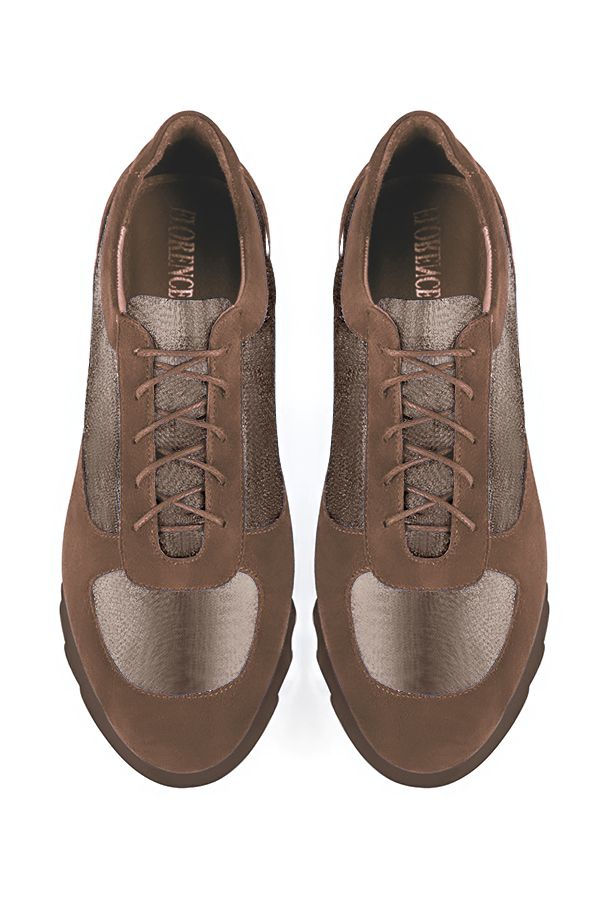 Chocolate brown and bronze gold women's elegant sneakers. Round toe. Low rubber soles. Top view - Florence KOOIJMAN